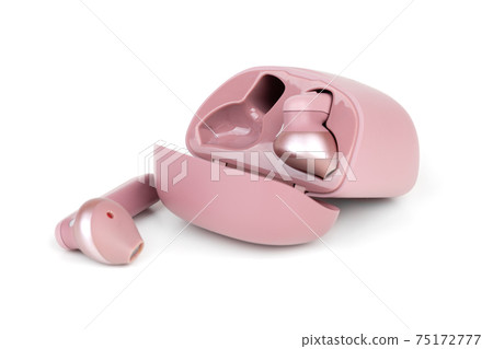Wireless headphones on a white background. Close-up of a wireless headset in a pink charging case. 75172777