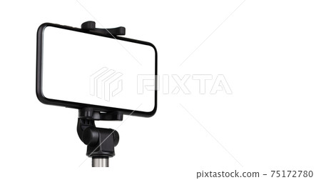 Smartphone with a white cut-out screen on a monopod. Selfie stick and smartphone on a white background. Smartphone with a white cut-out screen on a monopod. Selfie stick and smartphone on a white background. 75172780