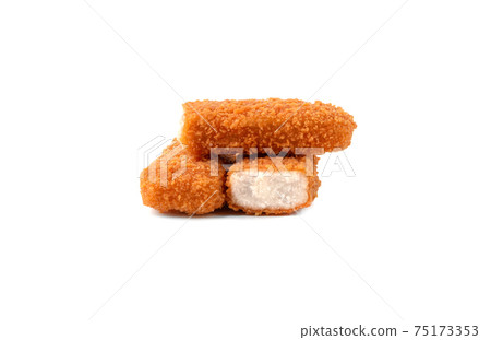 Fish fingers on a white background. Frozen fish fingers close-up. 75173353