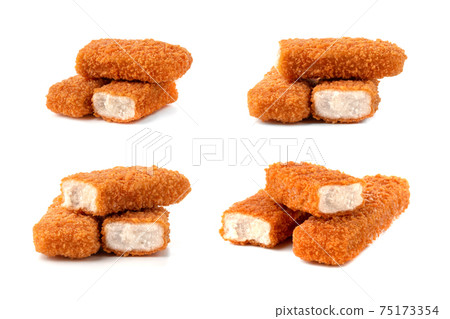 Fish fingers on a white background. Frozen fish fingers close-up. Fish fingers on a white background. Frozen fish fingers close-up. 75173354