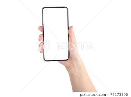 Smartphone with a blank white screen. New popular smartphone in hand on white background. 75173396