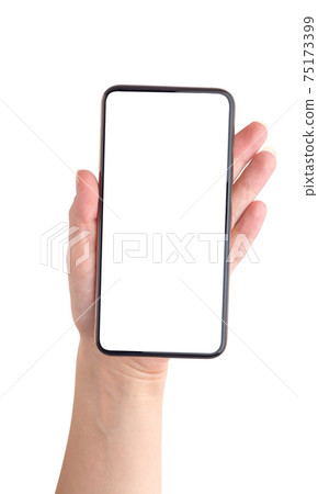 Smartphone with a blank white screen. New popular smartphone in hand on white background. Smartphone with a blank white screen. New popular smartphone in hand on white background. 75173399