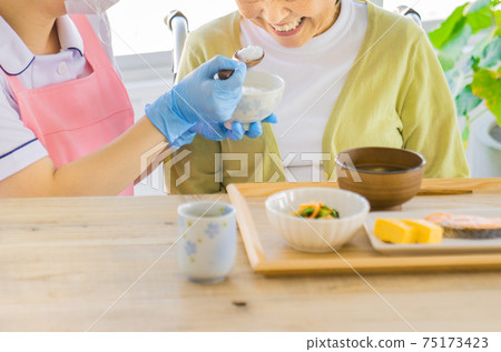 戴著手套和麵罩的膳食協助 75173423