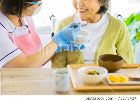 戴著手套和麵罩的膳食協助 戴著手套和麵罩的膳食協助 75173424