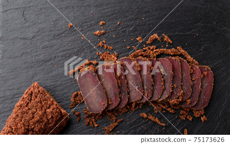 Cured meat on a slate board. Close-up of basturma sliced into pieces. Cured meat on a slate board. Close-up of basturma sliced into pieces. 75173626