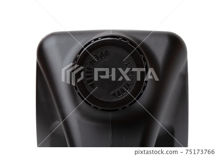 Canister for technical liquids on a white background. Black Canister for automotive oil close-up. 75173766