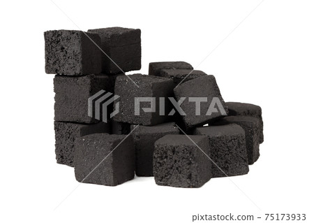 Coconut charcoal on a white background. Coconut coal cubes for hookah close-up. 75173933
