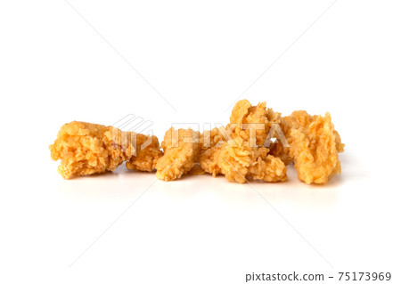 Slices of roasted meat on a white background. Fried chicken fillet close-up. Slices of roasted meat on a white background. Fried chicken fillet close-up. 75173969