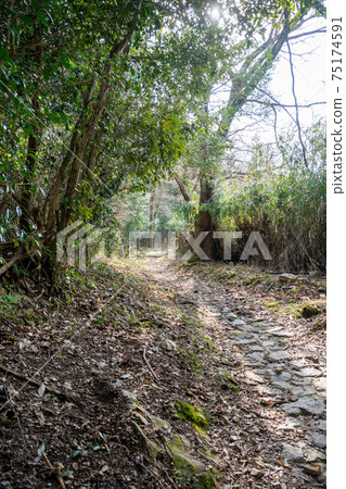 A mountain trail in Yagyu-cho, where there is a megalithic itto-seki stone in Yagyu-to-Iwatani, the precincts of Amenoiwatate Shrine in Nara City, Nara Prefecture. Devil's Blade Holy Land Pilgrimage. A mountain trail in Yagyu-cho, where there is a megalithic itto-seki stone in Yagyu-to-Iwatani, the precincts of Amenoiwatate Shrine in Nara City, Nara Prefecture. Devil's Blade Holy Land Pilgrimage. 75174591