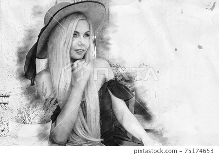 Portrait of a graceful woman in an elegant straw hat and dress sitting at a table in a cafe. 75174653