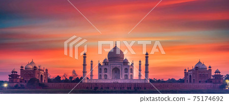 Taj Mahal ivory white marble mausoleum in the Indian city of Agra, Uttar Pradesh, India, Taj Mahal beautiful landmark, Symbol of love, India. Taj Mahal ivory white marble mausoleum in the Indian city of Agra, Uttar Pradesh, India, Taj Mahal beautiful landmark, Symbol of love, India. 75174692