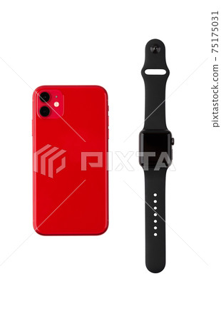 Smartphone with three cameras and a smart watch on a white background. Smartphone with three cameras and a smart watch on a white background. 75175031