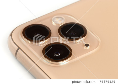 Smartphone with three cameras on a white background. Smartphone with three cameras on a white background. 75175385