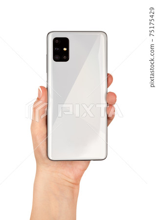 Smartphone With Three Cameras In Hand On A White Background. 75175429