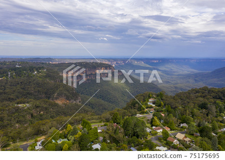 Aerial view of the Jamison Valley in Katoomba in The Blue Mountains in regional Australia Aerial view of the Jamison Valley in Katoomba in The Blue Mountains in regional Australia 75175695