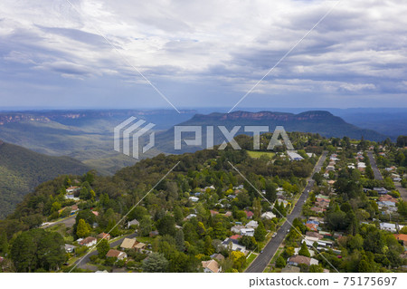 Aerial view of the Jamison Valley in Katoomba in The Blue Mountains in regional Australia Aerial view of the Jamison Valley in Katoomba in The Blue Mountains in regional Australia 75175697