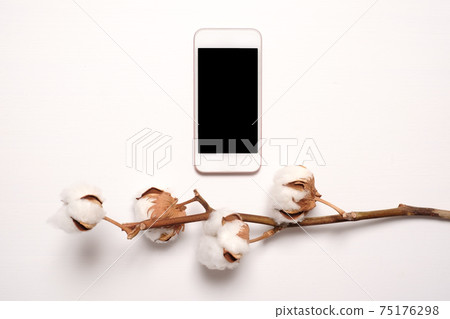 Phone with a black screen with dryed cotton flowers 75176298