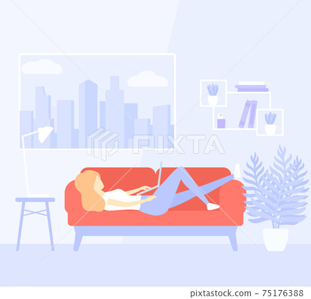 girl working at home, lying on the sofa girl working at home, lying on the sofa 75176388