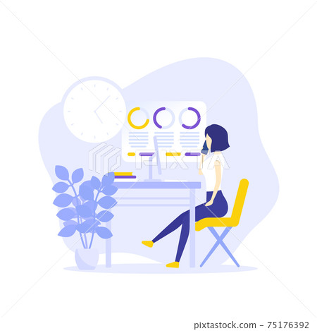 data analytics, girl working at computer, vector data analytics, girl working at computer, vector 75176392
