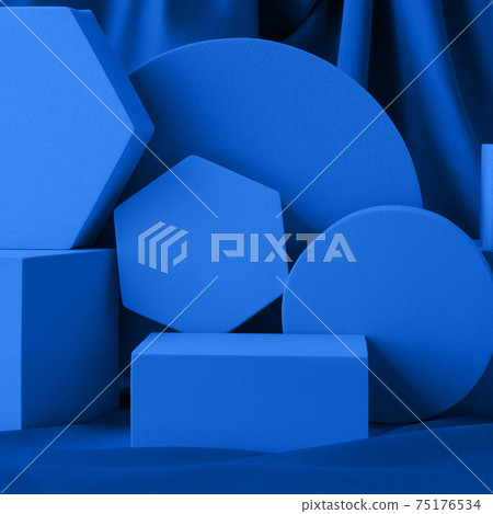 Geometric shapes night blue stand podium mockup for product display on silk background Geometric shapes night blue stand podium mockup for product display on silk background 75176534