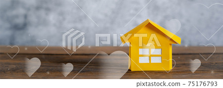 Objects on the table of yellow home kids toy paper on office deck background. Double exposure icon of white heart. Family international day, Home sweet home. lovely concept. Objects on the table of yellow home kids toy paper on office deck background. Double exposure icon of white heart. Family international day, Home sweet home. lovely concept. 75176793