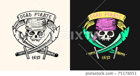 Pirate skull on the background of daggers or swords logo. Jolly roger or Corsair. Marine and 75178051