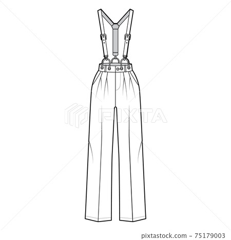 Suspender Pants Dungarees technical fashion illustration with full length, normal waist, high rise, pocket. Flat apparel Suspender Pants Dungarees technical fashion illustration with full length, normal waist, high rise, pocket. Flat apparel 75179003