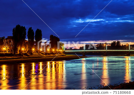 Beautiful reflection of lanterns in the river in the city uzgorod Ukraine. 75180668