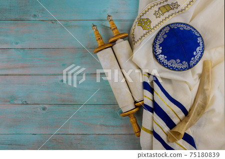 Jewish Orthodox religious symbols prayer book with torah scroll and shofar horn, prayer shawl tallit Jewish Orthodox religious symbols prayer book with torah scroll and shofar horn, prayer shawl tallit 75180839