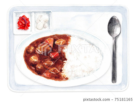 Curry rice on a tray and Fukujinzuke scallions [watercolor illustration] 75181165
