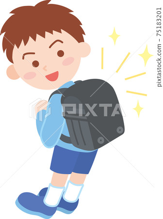 Boy carrying a shiny black school bag on his back Boy carrying a shiny black school bag on his back 75183201