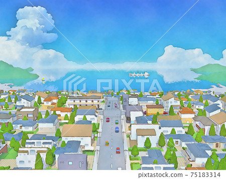 居住區和海水彩風格手繪風格插圖 居住區和海水彩風格手繪風格插圖 75183314