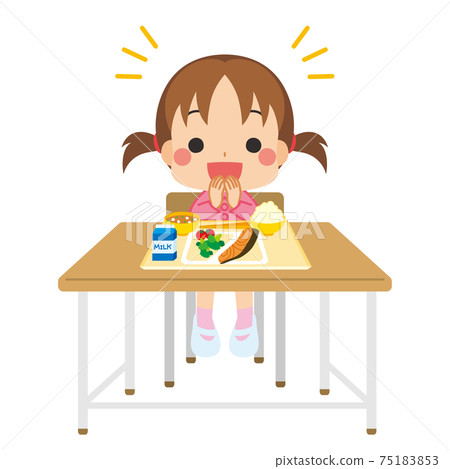 一個可愛的小學女孩吃午餐有禮貌的問候白色背景的插圖 75183853