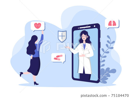 Online Healthcare and Medical Concept of Doctor Vector Illustration, Medicine Consultation and Treatment via Application of Smartphone or Computer Connected Internet Clinic.Modern Flat Web Landing 75184470