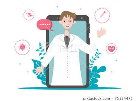Online Healthcare and Medical Concept of Doctor Vector Illustration, Medicine Consultation and Treatment via Application of Smartphone or Computer Connected Internet Clinic.Modern Flat Web Landing Online Healthcare and Medical Concept of Doctor Vector Illustration, Medicine Consultation and Treatment via Application of Smartphone or Computer Connected Internet Clinic.Modern Flat Web Landing 75184475