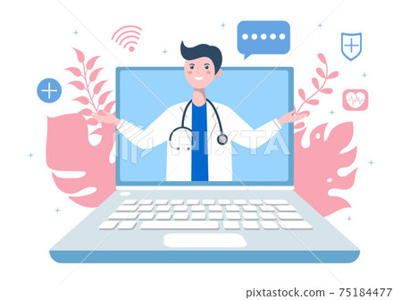 Online Healthcare and Medical Concept of Doctor Vector Illustration, Medicine Consultation and Treatment via Application of Smartphone or Computer Connected Internet Clinic.Modern Flat Web Landing 75184477