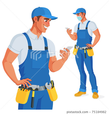 Handyman in overalls and tool belt checking his phone. Vector illustration. Handyman in overalls and tool belt checking his phone. Vector illustration. 75184982