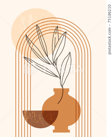 Abstract Boho Illustration with Arch, Vase and Sun in Trendy Minimal Style. Vector Contemporary Background 75186210