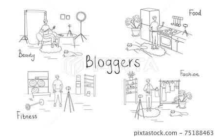 Set of bloggers and vloggers characters making internet content. Peoples creating video for their blog channel. Influencers shooting vlog. Vector cartoon illustration Set of bloggers and vloggers characters making internet content. Peoples creating video for their blog channel. Influencers shooting vlog. Vector cartoon illustration 75188463