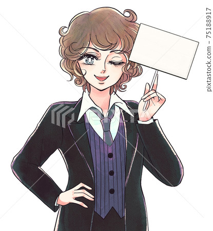 Retro girl cartoon style, smiling boy with a white panel sign 75188917