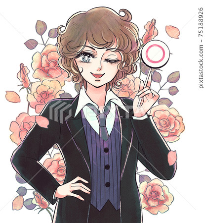 Retro girl cartoon style, smiling boy with a round bill, flower background 75188926