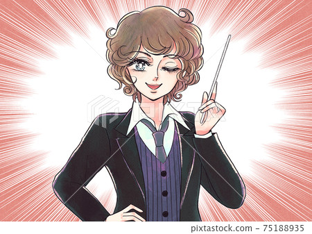 復古女孩卡通風格，微笑的男孩與一個指針，集中線 75188935