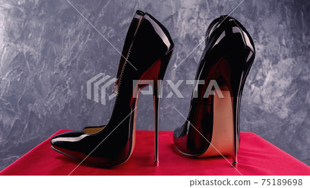 Black fetish shiny patent leather stiletto high heels with ankle strap Black fetish shiny patent leather stiletto high heels with ankle strap 75189698