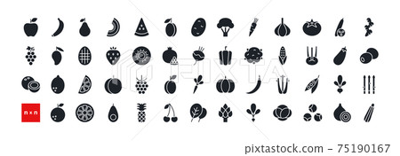 Set of vector icons. Vegetables, fruits and berries. Black isolated silhouette. Fill solid icon, glyph. Modern design. Healthy food and vitamins. 75190167