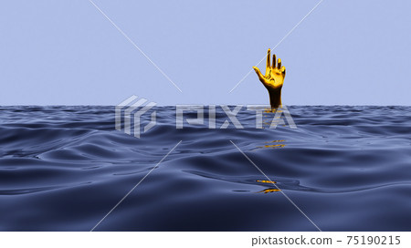 Surreal vaporwave concept with golden hand gesturing from underwater. Blue sea or ocean with touching hand. 3D illustration Surreal vaporwave concept with golden hand gesturing from underwater. Blue sea or ocean with touching hand. 3D illustration 75190215