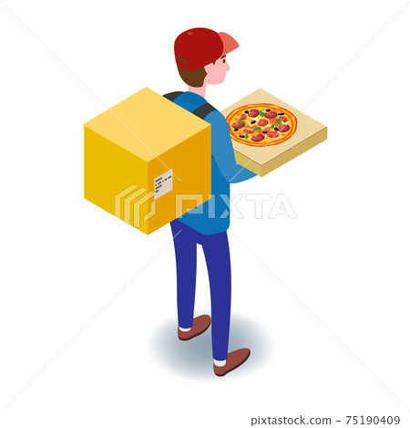 Courier with pizza box. Pizza Delivery Service Isometric concept. Fast 24 7 shipping, online food order template banner. Vector illustration 3d isolated 75190409