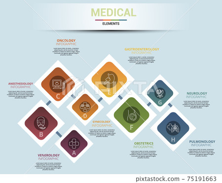 Infographic Medical template. Icons in different colors. Include Venerology, Anesthesiology, Oncology, Gynecology and others. Infographic Medical template. Icons in different colors. Include Venerology, Anesthesiology, Oncology, Gynecology and others. 75191663