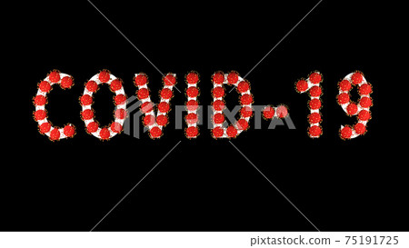 White text covid-19 with red molecules of coronavirus on it on black background. 75191725