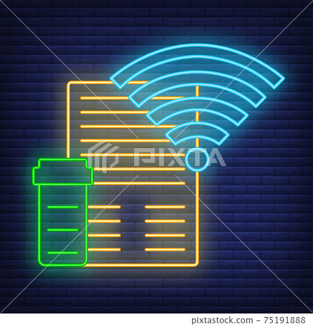 Online Recipe Icon neon. Concept for Healthcare Medicine and Lifestyle. Outline Virtual Doctor. Simple Vector illustration on dark brickwork. 75191888