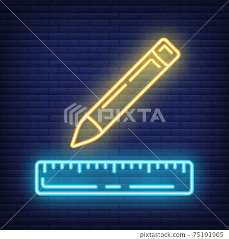 Concept neon pencil, wooden ruler triangle icon, writing pen and measuring utensils stuff for drawing flat line vector illustration, isolated on dark brickwork. Concept neon pencil, wooden ruler triangle icon, writing pen and measuring utensils stuff for drawing flat line vector illustration, isolated on dark brickwork. 75191905